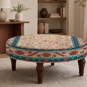 Folk Art Round Pouf, Round Accent Bench, Newlywed Gift, Summer Porch Decor
