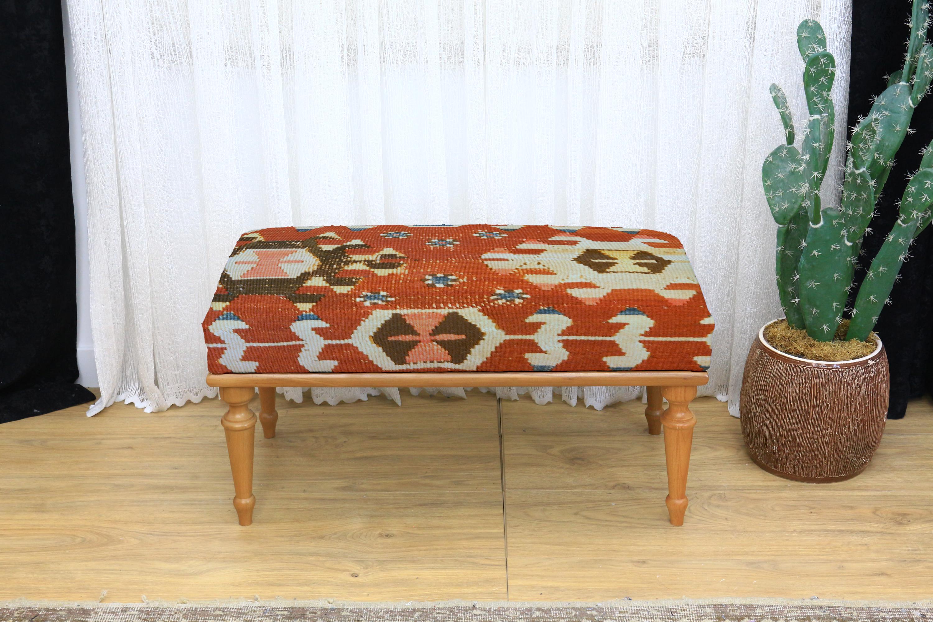 Rustic Farmhouse Wooden Kilim Upholstered Bench, Ottoman Entryway Seat ...