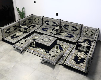 Navy Kilim Floor Seating Set, U FULL Sofa Set for Home Decor, Arabic Floor Sofa Set, Yemen Majlis Seating, Traditional Arabian Floor Couch