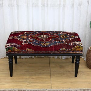 Rustic upholstered bench, Printed Turkish ottoman, Wooden bedroom bench, Soft entryway seat, Boho style decor, Accent footstool, Cozy Stool
