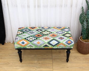 ottoman bench, footstool bench, upholstered bench, turkish rug bench, handmade furniture, piano bench, entry bench, 18x35x18 Green Bench