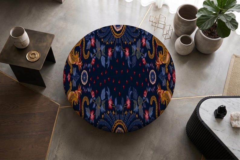 Patchwork Print Round Ottoman, Upholstered Foot Rest, Bedroom Bench Seat, Spring Refresh afbeelding 10