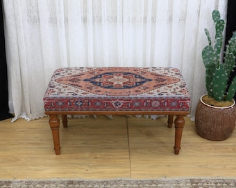 Rustic Farmhouse Wooden Kilim Upholstered Bench Ottoman Entryway Seat Tribal Accent Handwoven Living Room Furniture Unique Decor Piece