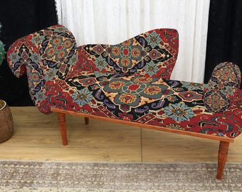 Handmade Furniture, Farmhouse Sofa, Upholstered Sofa, Chaise Lounge Chair, Meditation Seat, Sofa Couch, Rug Pattern Armed Bench, Home Decor
