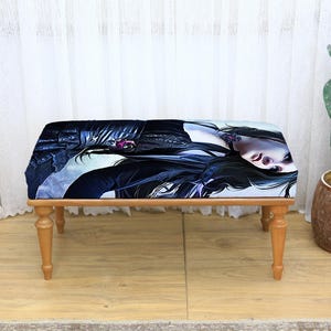 Gothic Girl Illustration Printed Rectangular Bench with Dark Art-Inspired Upholstery and Wooden Legs Unique Dramatic Home Aesthetic, Bench