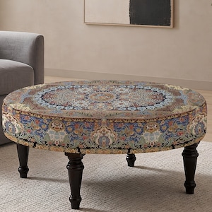Patchwork Print Round Bench, Upholstered Pouffe, Cozy Winter Decor, Reading Nook Seat