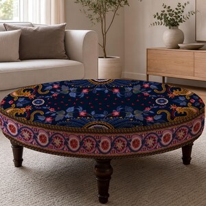 Patchwork Print Round Ottoman, Upholstered Foot Rest, Bedroom Bench Seat, Spring Refresh afbeelding 9
