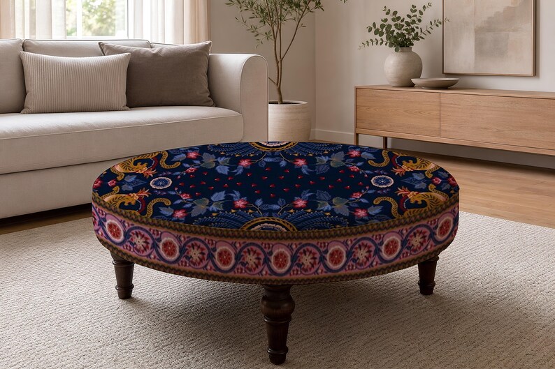 Patchwork Print Round Ottoman, Upholstered Foot Rest, Bedroom Bench Seat, Spring Refresh afbeelding 9