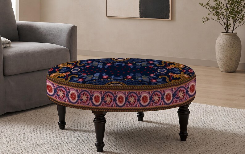 Patchwork Print Round Ottoman, Upholstered Foot Rest, Bedroom Bench Seat, Spring Refresh afbeelding 8