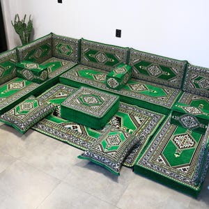 Dark Green Traditional Majlis Floor Sofa with Cushions, Ottoman Sofa, Arabic Corner Seating Set for Boho or Guest Rooms, Outdoor Furniture