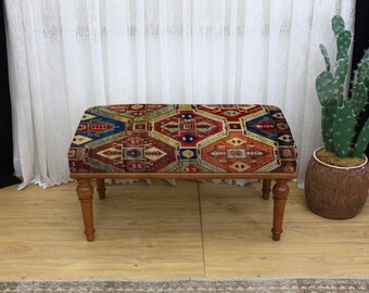 Tribal kelim houten bank, vloerkleed gestoffeerde bank, Ottomaanse bank, rustieke boerderij inkombank, slaapkamerbank, cadeau nieuw huis, pianobank