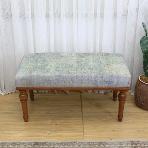 Unique Handwoven Kilim Upholstered Wooden Bench Rustic Farmhouse Ottoman Entryway Seat Tribal Accent Living Room Furniture Decor Accent