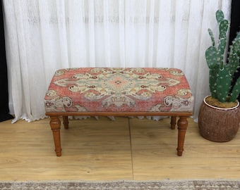 Banco tapizado con kilim tribal, otomano hecho a mano, mueble rústico de entrada, decoración para sala de estar, banco de dormitorio