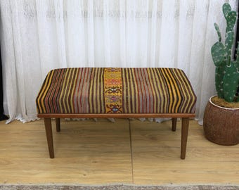 Wooden Ottoman Bench with Kilim Upholstery, Rustic Farmhouse Entryway Seat, Handmade Tribal Living Room Furniture, Unique Accent Decor
