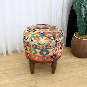 Upholstered Footstool, Sofa Side Table, Gorgeous Kilim Bench, Button Ottoman Stool, Foot Rest Chair for Bedroom & Dressing Area,
