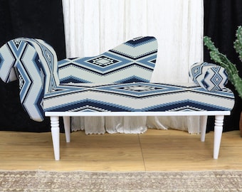 Divano blu con rivestimento, divano letto, panca da toeletta, chaise longue da camera da letto, poltrona da lettura, panca da toeletta, divano boho, divano a sdraio, arredamento per la casa