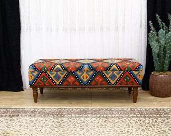 Kilim Storage Bench, Bohemian Coffee Table Ottoman, Upholstered Entry Organizer, Multi-Functional Bedroom Bench, Hallway Storage Bench