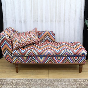 Kilim Storage Reclining Armchair, Comfortable Lounge Chair, Upholstered Sofa, Unique Ottoman Armchair, Living Room Chaise, Striped Bench