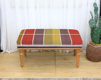 Rustic Farmhouse Kilim Upholstered Bench Wooden Ottoman Entryway Tribal Living Room Accent Seat