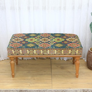 Printed Boho Kilim Ottoman Bench, Upholstered Multi-Purpose Seat for Makeup, Footstool, TV Chair, Rest Stool, Decorative Home Accent, Stool