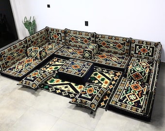 Oriental Sofa Corner, Navy U FULL SET Oriental Majlis, Floor Sofa Set with Tribal Patterns, Arabic Seating for Guest Area, Kilim Rug, Sofa