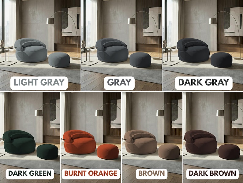 May include: A collection of modern accent chairs and ottomans in various colors, including light gray, dark gray, dark green, and burnt orange. Each chair has a rounded shape with a matching ottoman. The text "LIGHT GRAY", "GRAY", "DARK GRAY", "DARK GREEN", "BURNT ORANGE", "BROWN", and "DARK BROWN" is displayed.