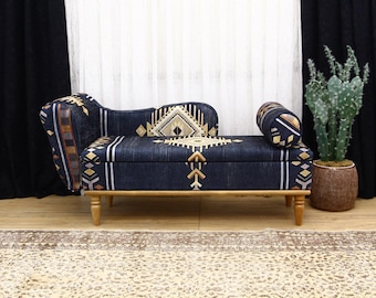 Kilim Design Lounging Chair, Bohemian Armchair for Living Room, Vintage Textile Upholstery Bench, Sleeper Sofa, Meditation Sofa, Kilim Bench