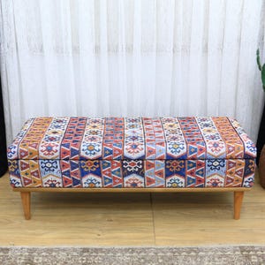 Tribal Design Storage Bench, Chic Seating for Entryway, Kilim Ottoman Bench, Oriental Sofa Bench, Aztec Patterned Storage Lounging Bench
