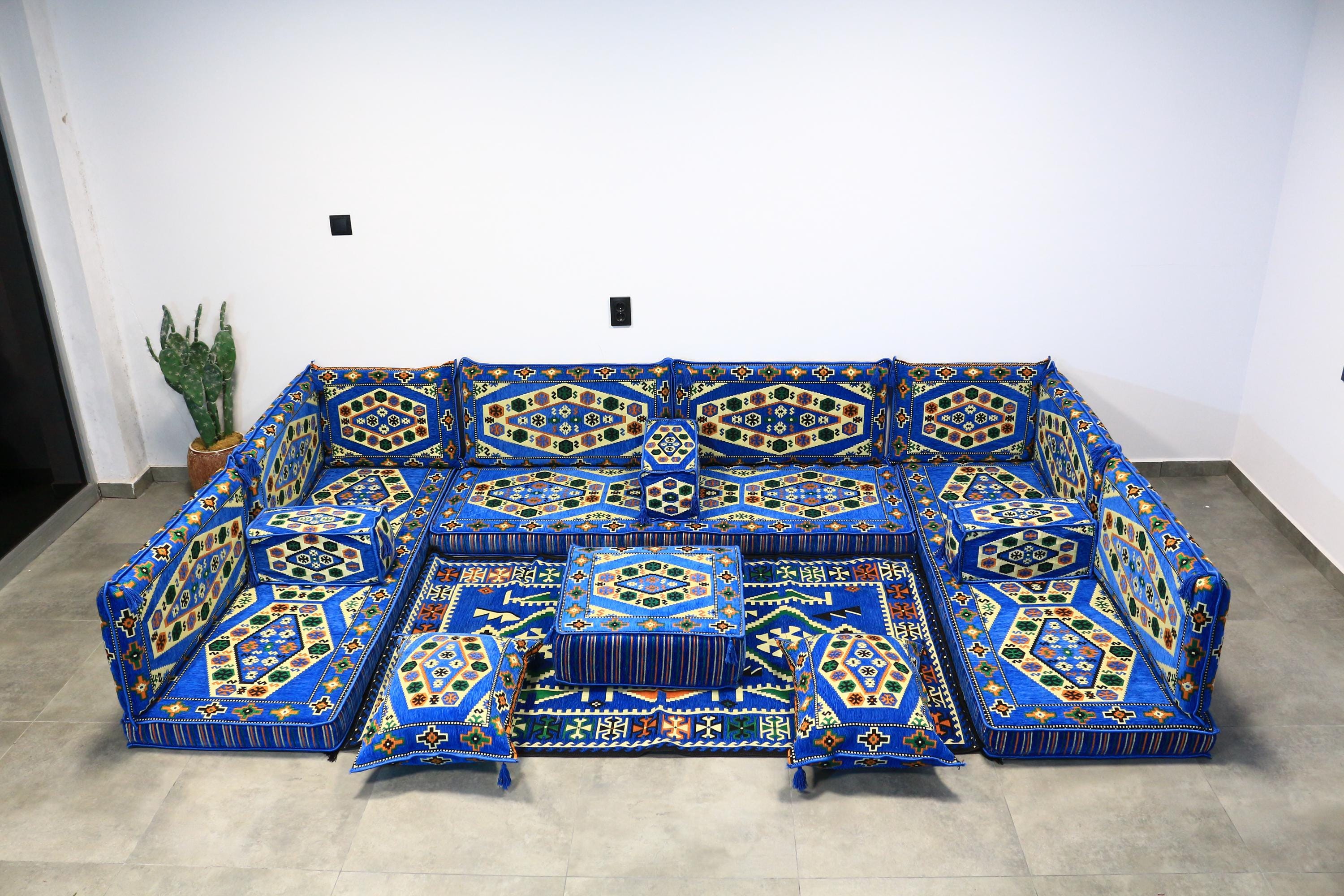 Majilis Rug Traditional Blue Arabic Floor Seating Set With Rug, Moroccan Sofa ...