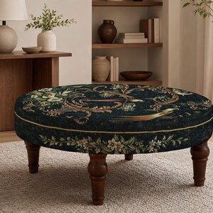 Patchwork Print Round Pouf, Turned Leg Bench, Global Style Decor, Home Gift Idea