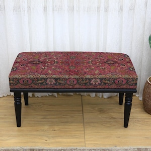 Kilim Patterned Ottoman Bench, Upholstered Seating with Traditional Rug Pattern, Dining Bench, Vanity Table Bench, End of Bed Bench, Bench