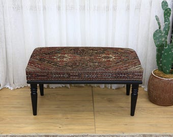 Entryway Kilim Boho Ottoman Bench, Upholstered Multi-Purpose Seat for Footstool, TV Chair, Makeup Stool, Kilim Printed Home Furniture, Bench