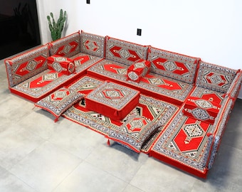 Red Arabic U Shaped FULL SET Floor Sofa with Cushions, Traditional Majlis Living Room Seating, Ottoman Sofa, Outdoor Furniture, Arabic Sofa