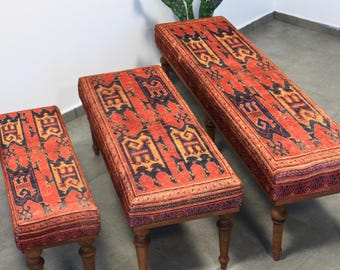 Rustic Kilim Design Ottoman Bench, Rug Upholstered Wooden Entryway Farmhouse Tribal Living Room Furniture, Home Decor, Piano Bench