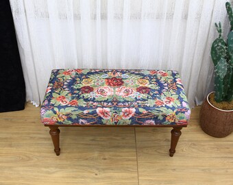 Floral Pattern Bench, Bench with Cushion, Ottoman Bench, Bench for Bedroom, Wooden Leg Bench, Hallway Bench, Upholstered Bench, Home Decor,