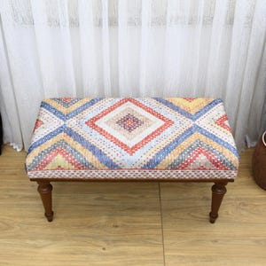 Floral Pattern Bench, Bench with Cushion, Ottoman Bench, Bench for Bedroom, Wooden Leg Bench, Hallway Bench, Upholstered Bench, Home Decor,