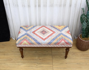 Floral Pattern Bench, Bench with Cushion, Ottoman Bench, Bench for Bedroom, Wooden Leg Bench, Hallway Bench, Upholstered Bench, Home Decor,