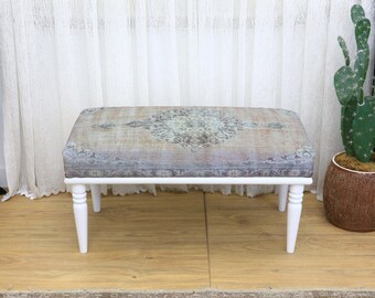 Kilim ottoman bench, Upholstered vanity bench, Ethnic footstool, Handcrafted stool, Bedroom bench, Housewarming gift, Kilim Printed Seating