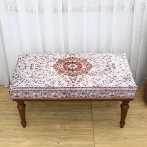 ottoman bench, footstool bench, upholstered bench, turkish rug bench, handmade furniture, piano bench, entry bench, 18x35x18