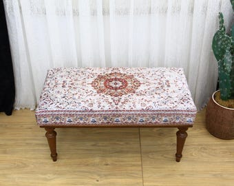ottoman bench, footstool bench, upholstered bench, turkish rug bench, handmade furniture, piano bench, entry bench, 18x35x18