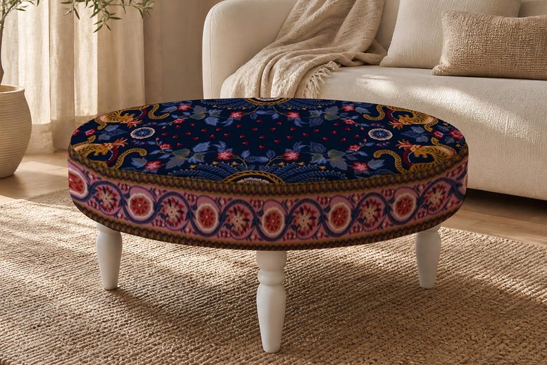 Patchwork Print Round Ottoman, Upholstered Foot Rest, Bedroom Bench Seat, Spring Refresh afbeelding 5
