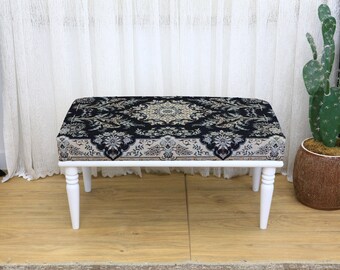 Rectangular Ottoman with Turned Tapered Wooden Legs and Blue Gray White Geometric Pattern Upholstery for Classic Mid Century Modern Decor
