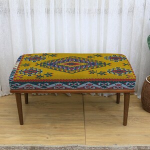 Rectangular Ottoman with Irregular Black Tiger Stripe on Orange Background, Wooden Animal Print Upholstered Accent Furniture for Living Room