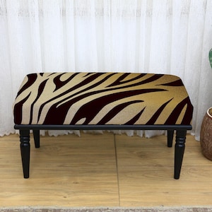 Small Rectangular Bench with Black and White Geometric Pattern Upholstery and Light Wood Legs for Modern Minimalist Decor, Patterned Stool