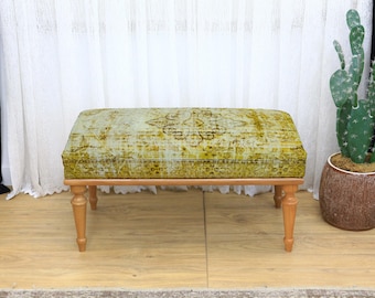 Ethnic kilim ottoman, Upholstered footstool, Vanity bench, Kilim bench, Bedroom ottoman, Housewarming gift, Printed Wooden furniture, Bench