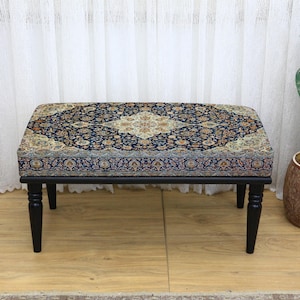 Upholstered Kilim Bench with Turkish Rug Pattern, Wooden Ottoman Bench for Home Decor, Living Room, Bedroom or Entryway Seating, Cozy Bench