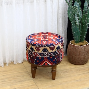 Kilim Design Footstool Bench, Entryway Ottoman And Dressing Table Seating, Round Pouf Chair for Living Room & Kitchen Decor, Yoga stool
