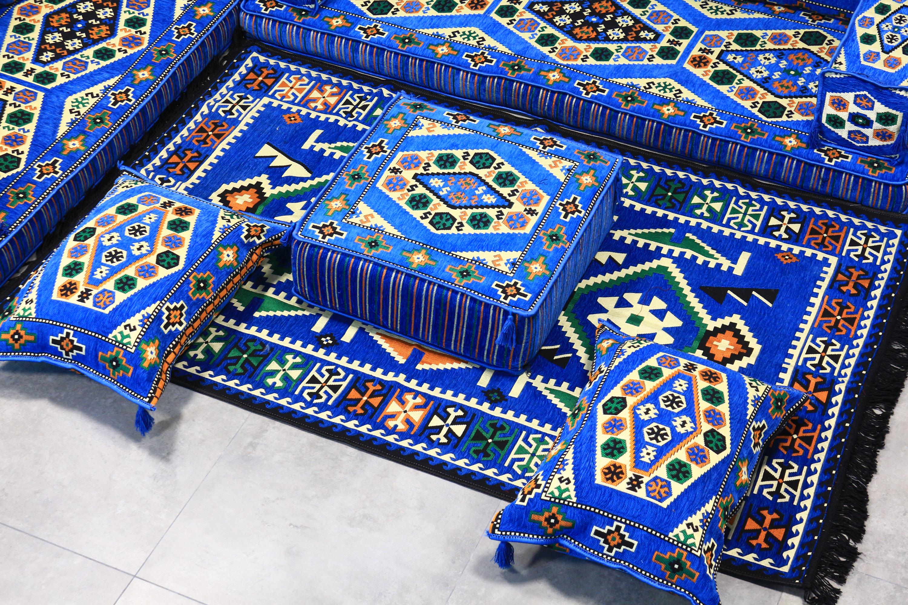Majilis Rug Traditional Blue Arabic Floor Seating Set With Rug, Moroccan Sofa ...