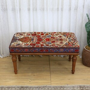 Ethnic Kilim Upholstered Bench Rustic Farmhouse Ottoman Wooden Entryway Seat Tribal Accent Living Room Furniture