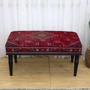 Ottoman bench, Entryway footstool, Upholstered seating, Turkish rug bench, Piano stool, Boho furniture, Bedroom bench, Dining seat for home